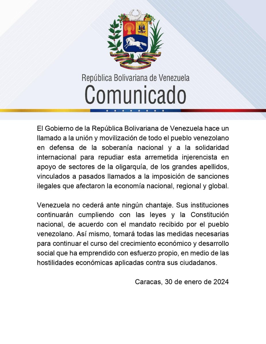 La República Bolivariana de Venezuela repudia los más recientes intentos de chantaje e intromisión en sus asuntos internos por parte del Gobierno de los Estados Unidos de América que constituyen un ultimátum contra toda la sociedad venezolana y, que mediante la coerción y la…