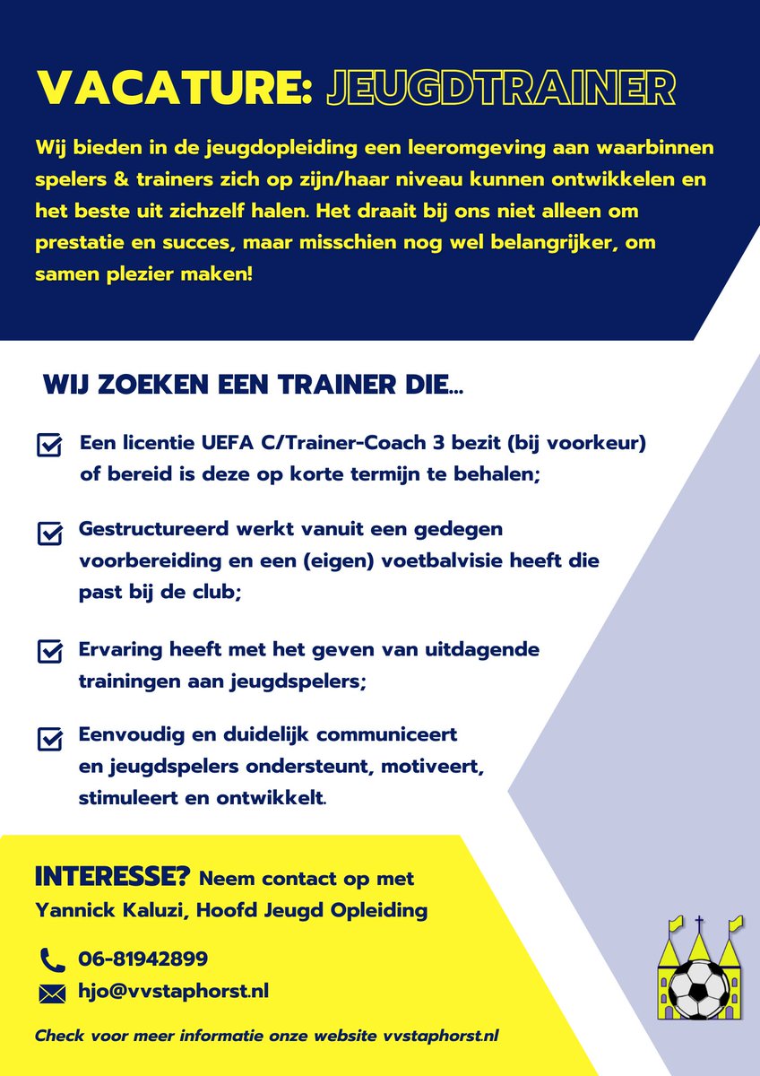 vvstaphorst's tweet photo. 𝗩𝗮𝗰𝗮𝘁𝘂𝗿𝗲: 𝗝𝗲𝘂𝗴𝗱𝘁𝗿𝗮𝗶𝗻𝗲𝗿 ⚽️💪
Ben jij degene die jeugdspelers ondersteunt, motiveert, stimuleert en ontwikkelt met als doel het beste uit zichzelf te halen? Of wil jij jezelf ontwikkelen als jeugdtrainer. Check dan de vacature. 👇

https://t.co/CowUOuJyHI https://t.co/ZId3pDEWxw
