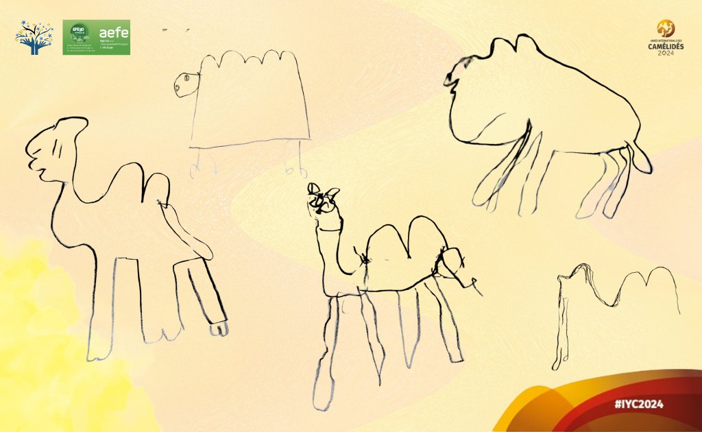 eslecrivains's tweet photo. #yearofcamelids | 🐫 Dans le cadre de l'Année internationale des camélidés, les élèves de la Grande Section Colette ont été initiés à l'art du dessin avec l'aide de #Didou. @FAO @aefeinfo @aefe_zao #IYC2024 #ESLE https://t.co/ye1vrBvKf0 https://t.co/q7EOuHL8Eh