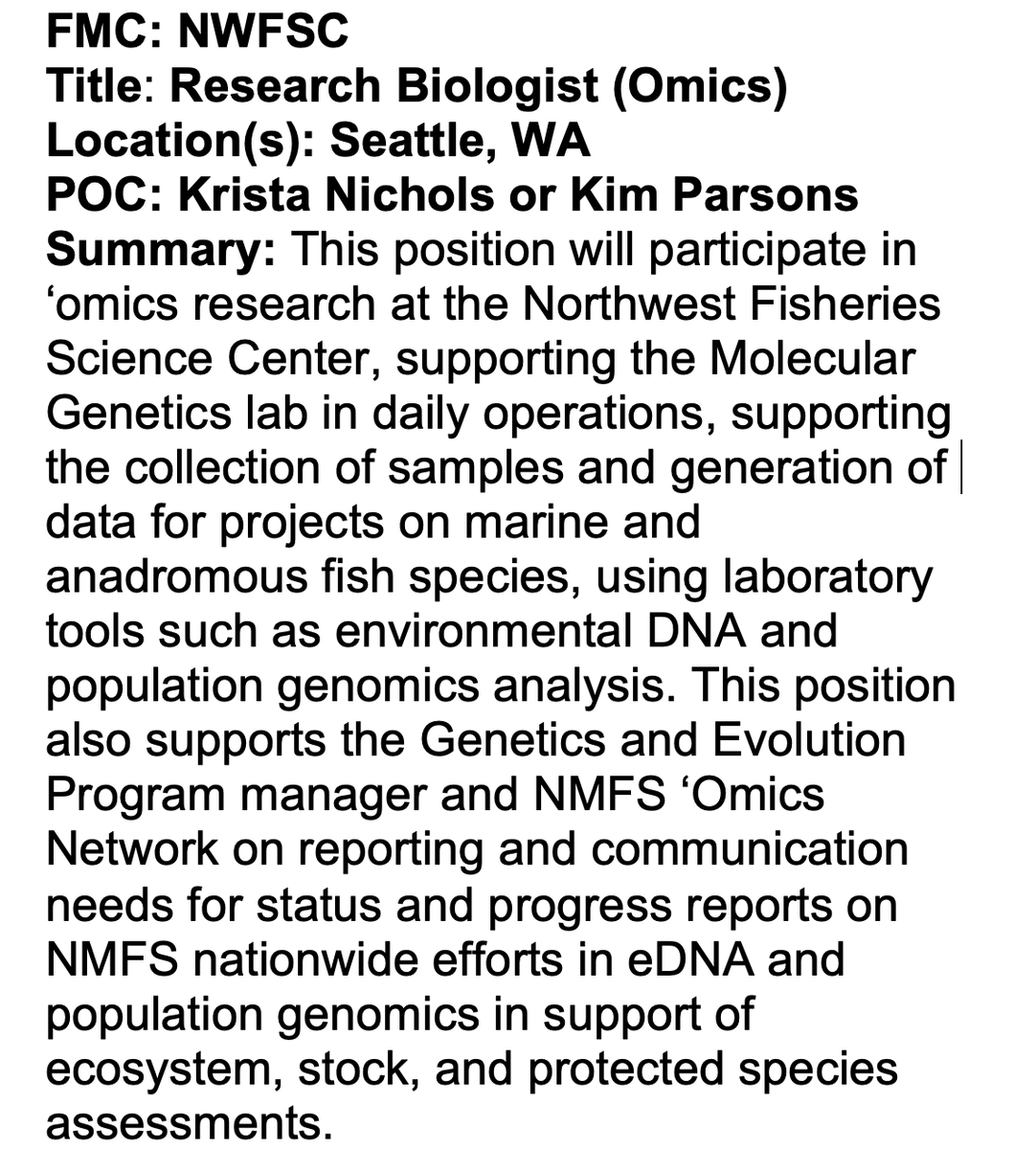 We have five genetics positions open in NOAA, with terms up to 10 years! 3 are at the NWFSC in Seattle. Jobs open at usajobs.gov/job/773227200 on Feb 1 and will close quickly. Details on the Seattle jobs in this and following tweets: