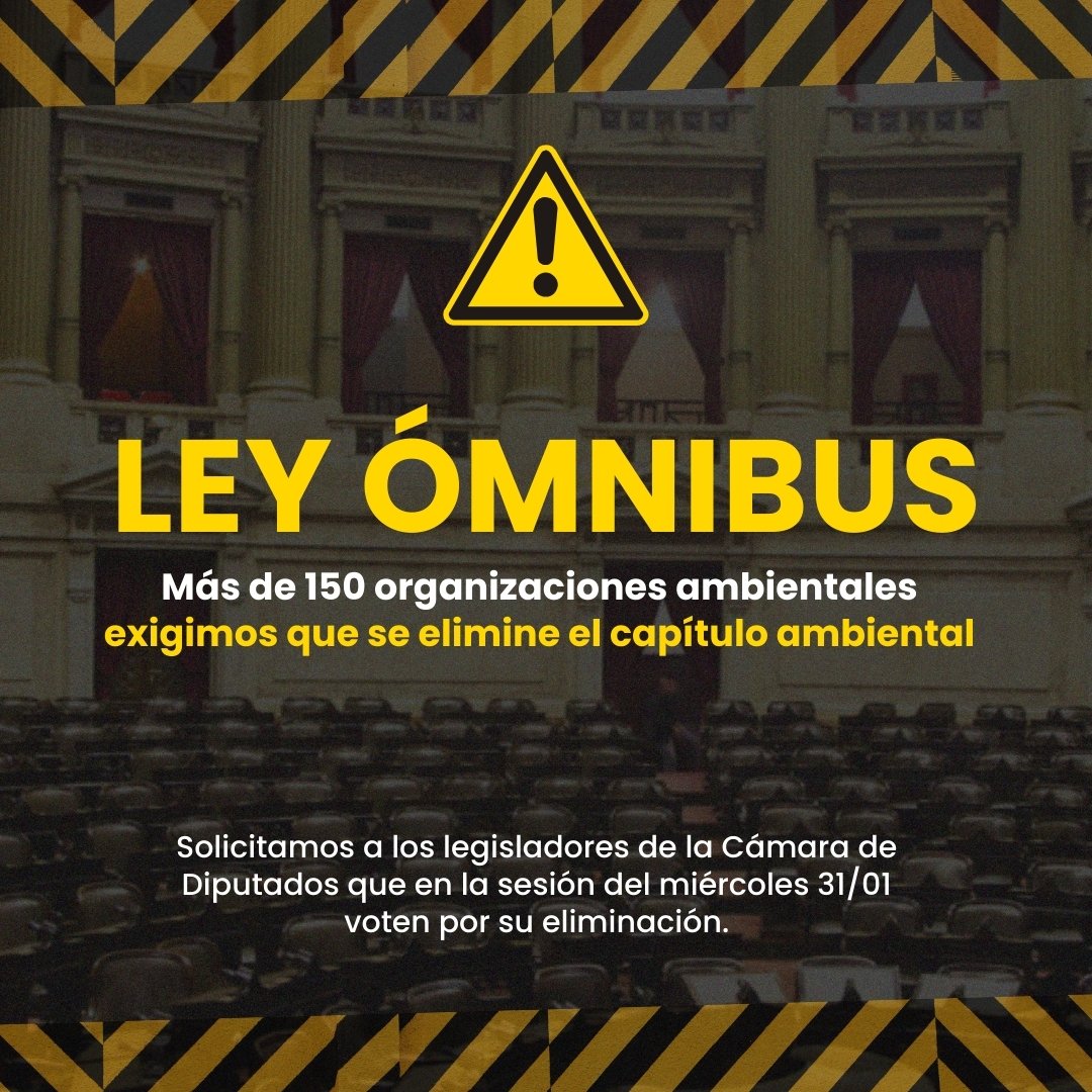 Vida_Silvestre's tweet photo. 🚨 ¡ROTUNDO RECHAZO DE LAS ORGANIZACIONES A LAS MODIFICACIONES DE LAS LEYES AMBIENTALES! 🌍

📢Más de 150 organizaciones exigimos a los diputados y las diputadas que voten por la eliminación del capítulo ambiental del proyecto de #LeyOmnibus en la sesión del miércoles 31/01. https://t.co/hnCjj7KYDw