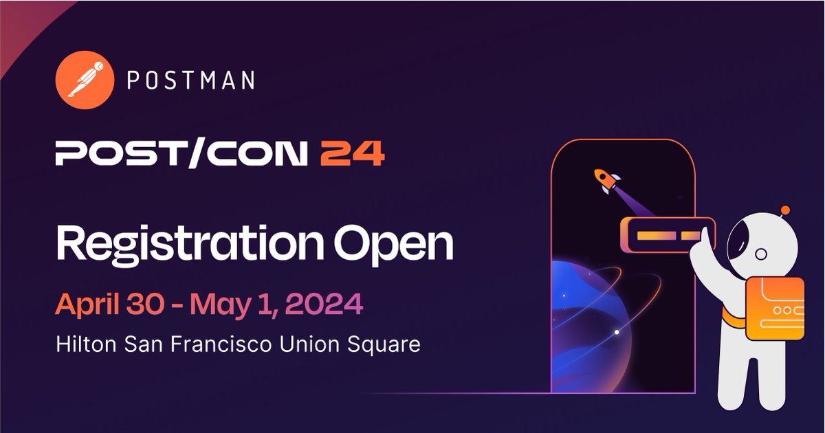 POST/CON 24 tickets are on sale! 🎟️🚀 Join us in San Francisco on April 30 and May 1 for hands-on workshops, Postman product updates, and more. Register by 2/13/2024 to get a 50% discount. 🙌 postman.com/postcon/