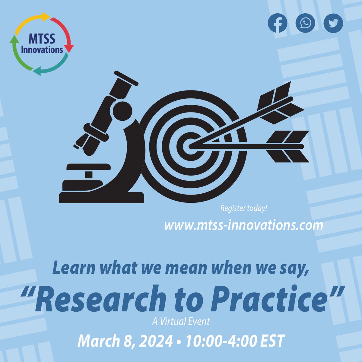 MTSS Innovations Conference 2024
28 Years of #Research to #Practice
Mar 8, 2024
.
Save with Early Registration before February 9
.
mtss-innovations.com
.
#MTSSInnovations #MTSS #VirtualLearning #Education #conference2024