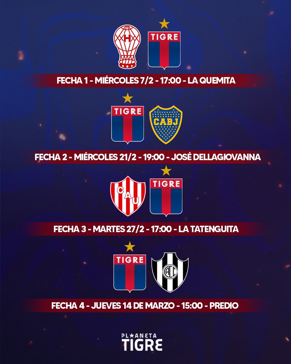 ¡TODO LISTO PARA LA COPA PROYECCIÓN!

📌Salieron los días y horarios de las primeras fechas de la reserva de Tigre.

🔹El encuentro ante Boca será en Victoria. También vale destacar que ya no habrán partidos en el horarios de la mañana.