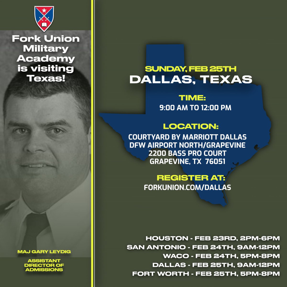 Do you know a family in Texas that might be interested in learning more about Fork Union? Our admissions team will be in Dallas, Texas, on February 25th, 9am-12pm, to hold an admissions event. Get the details at hubs.ly/Q02j28-x0 

#forkunion