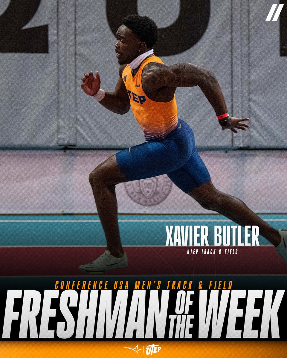 ConferenceUSA's tweet photo. 🏃 FRESHMAN OF THE WEEK 🏃
presented by Blenders Eyewear //

🏅2️⃣ Xavier Butler, @UTEPTrack

#NoLimitsOnUs | https://t.co/melqYpOsRu