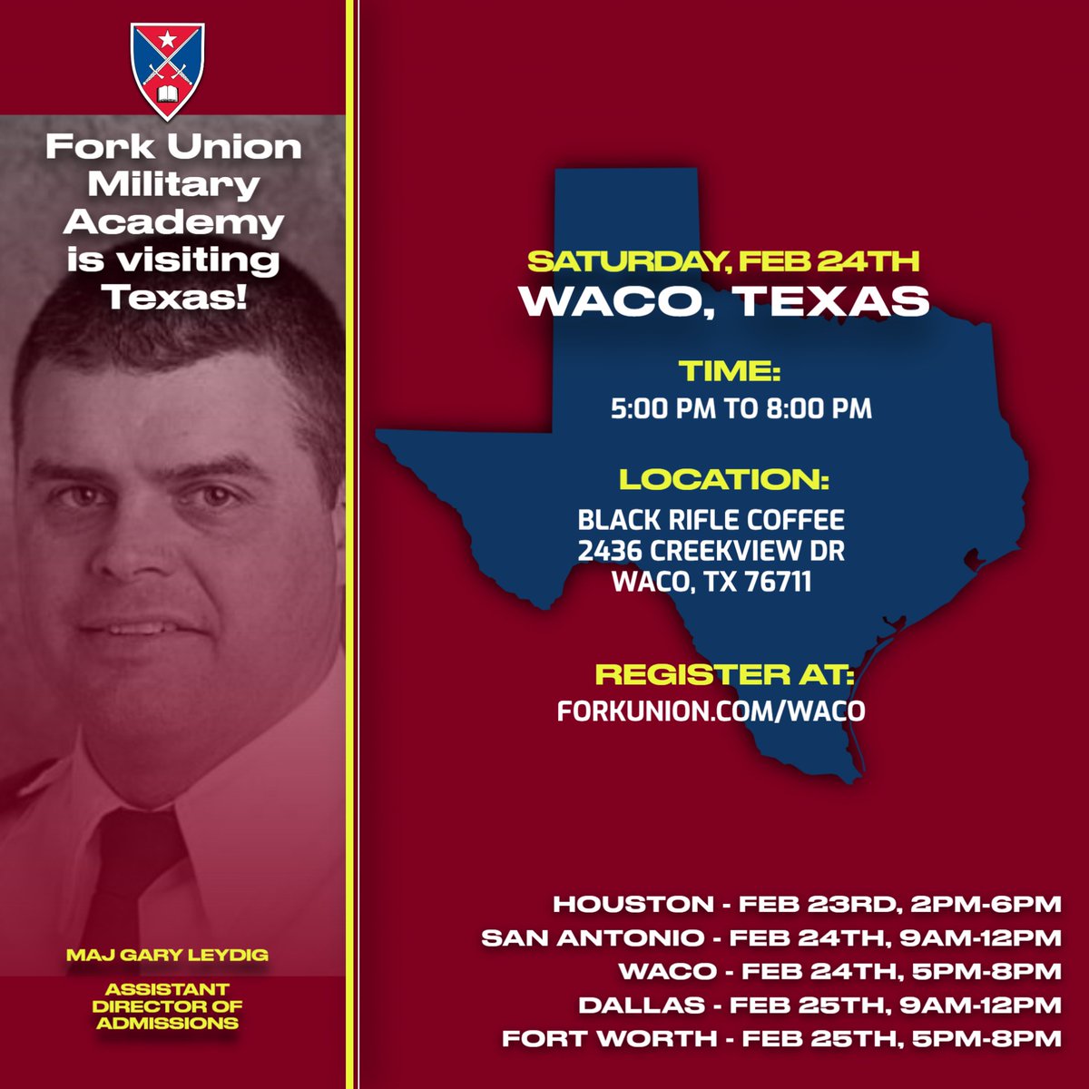 Do you know a family in Texas that might be interested in learning more about Fork Union? Our admissions team will be in Waco, Texas, on February 24th, 5pm-8pm, to hold an admissions event. Get the details at hubs.ly/Q02j2ns50 

#forkunion