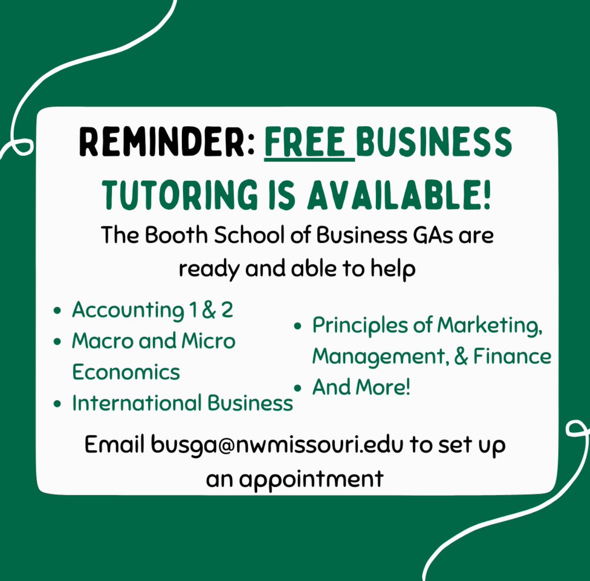 Stay on top of your classes with free tutoring from the school of business graduate assistants! Appointments are available M-F 8am-10am and 11am-4pm