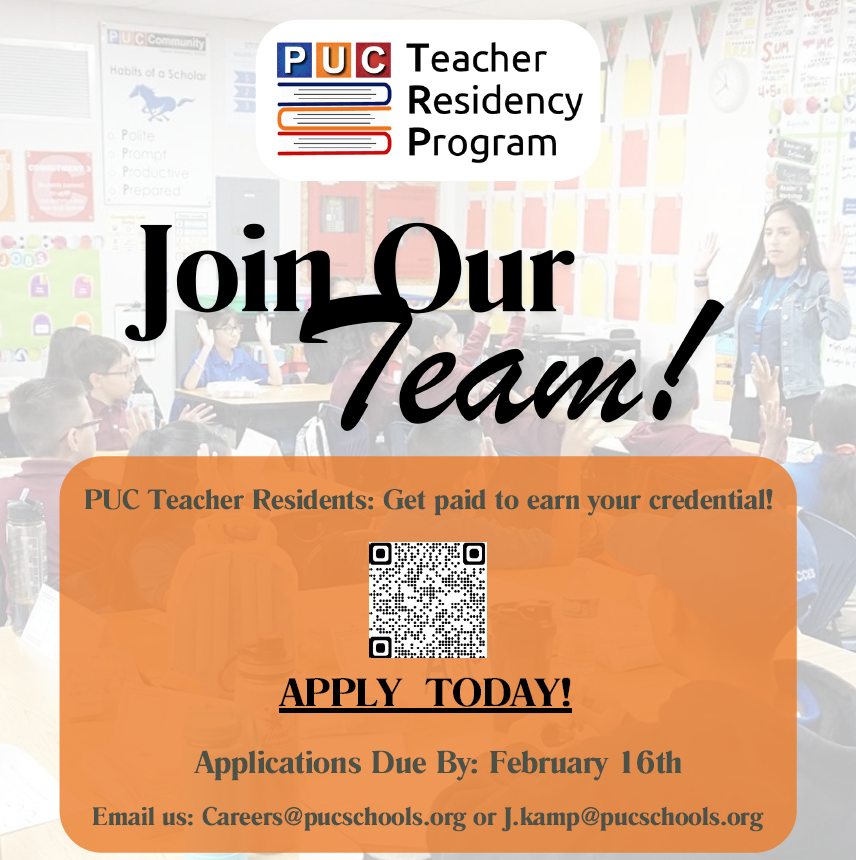 puctrp's tweet photo. It's not too late! Apply to become a PCU Teacher Residenty for the 2024-25 school year. #teacherresidents are better prepared and stay in the profession longer than traditionally-prepared or fast-tracked teacher candidates. Apply Now at https://t.co/za9lUcyVXg  #teachersmatter https://t.co/Ug76IemW3j