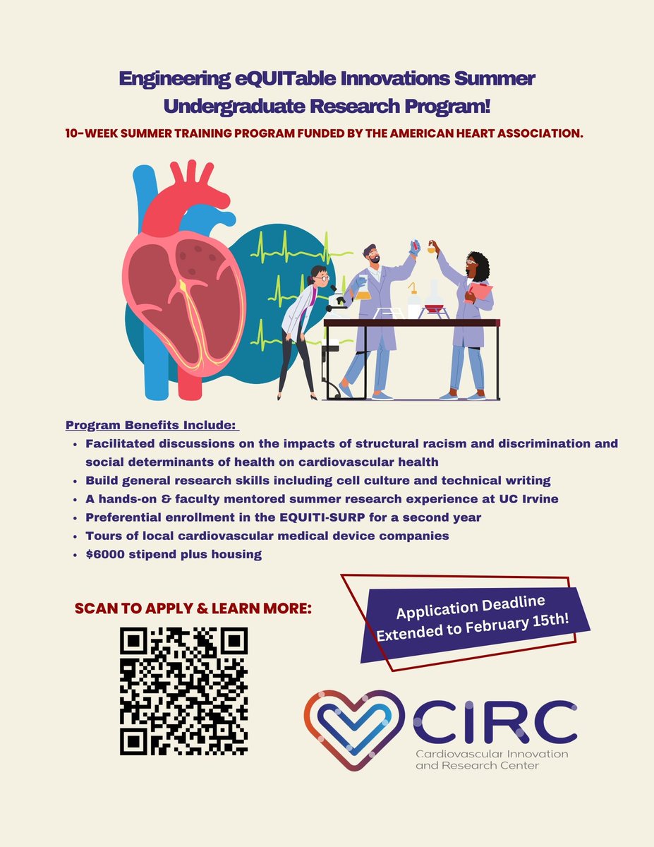 Edwards Lifesciences Cardiovascular Center (@edwardscirc_uci) on Twitter photo The CIRC's new undergraduate summer research program application deadline has been extended to Thurs., 2/15. This opportunity is also open to non-UCI students. Scan the QR code on the flyer to apply and/or learn more! <a href="/CheslerLab/">Naomi Chesler</a> <a href="/Pim_Oomen/">Pim Oomen</a> <a href="/uci_bme/">UC Irvine BME</a> The CIRC's new undergraduate summer research program application deadline has been extended to Thurs., 2/15. This opportunity is also open to non-UCI students. Scan the QR code on the flyer to apply and/or learn more! <a href="/CheslerLab/">Naomi Chesler</a> <a href="/Pim_Oomen/">Pim Oomen</a> <a href="/uci_bme/">UC Irvine BME</a>