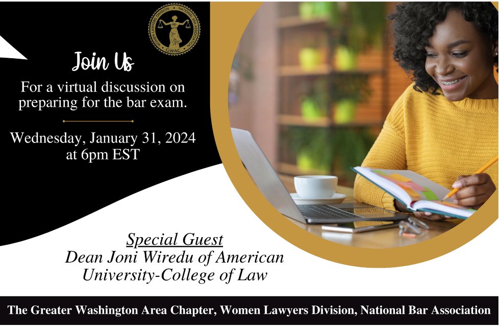 GWACBAR's tweet photo. Don't forget to register for GWAC'S session, "Preparing for the Bar Exam." Any future bar exam taker can benefit from this session. Tomorrow at 6:00pm.
Register here: https://t.co/6tDYWoAS2m or using the link in the bio https://t.co/rgmBInctHl