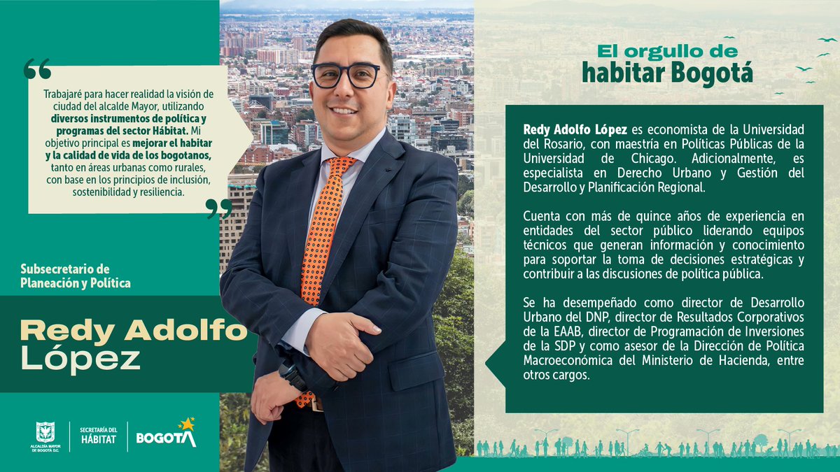 Damos una cálida bienvenida a nuestro nuevo subsecretario de Planeación y Política: Redy Adolfo López.

Con su amplio conocimiento y experiencia trabajaremos para mejorar integralmente el habitar y la calidad de vida de la ciudadanía.

¡Bienvenido! 👏🏻