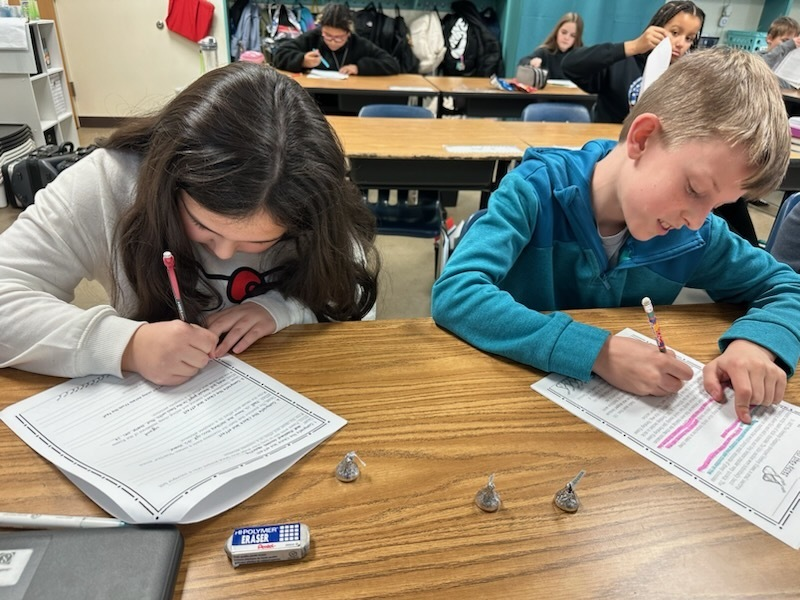Students in Ms. Keyser's 5th grade class did a cause-and-effect activity in Reading using a passage about the history of Hershey Kisses. To celebrate our Reading, we also got to eat Hershey kisses!