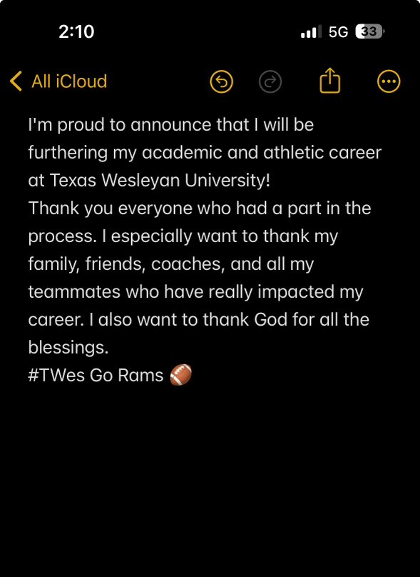 Committed #AGTG🙏🏽 <a href="/TxWesFootball/">TxWes Football</a> <a href="/CoachJPtxwes/">Joe Prud'homme</a> <a href="/Coach_RGlover/">Ryan Glover</a> <a href="/TylerLionsFB/">Tyler Lions Football</a> <a href="/LionelWrenn/">Lionel Wrenn, M.ED, RAA</a> <a href="/rashaun_woods/">Rashaun woods</a> <a href="/RicklanHolmes/">Ricklan Holmes♠️</a> <a href="/tbush_3/">Tony bush</a> <a href="/MarkMartin903/">Mark Martin</a>