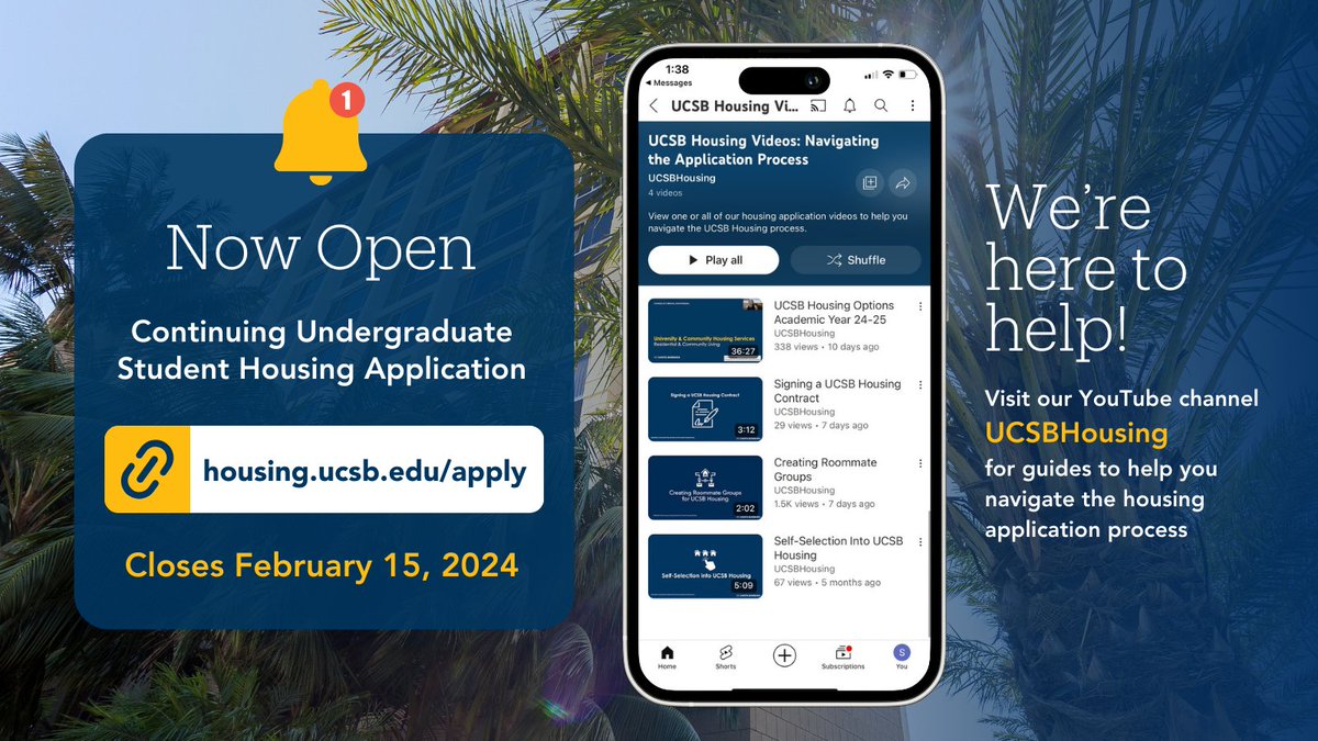 🔔The #UCSB housing application for continuing undergraduate students is officially open! The application closes on February 15, 2024.

📝To apply, visit housing.ucsb.edu/apply

📺Visit the UCSBHousing YouTube channel for guides to help you navigate the student housing process!