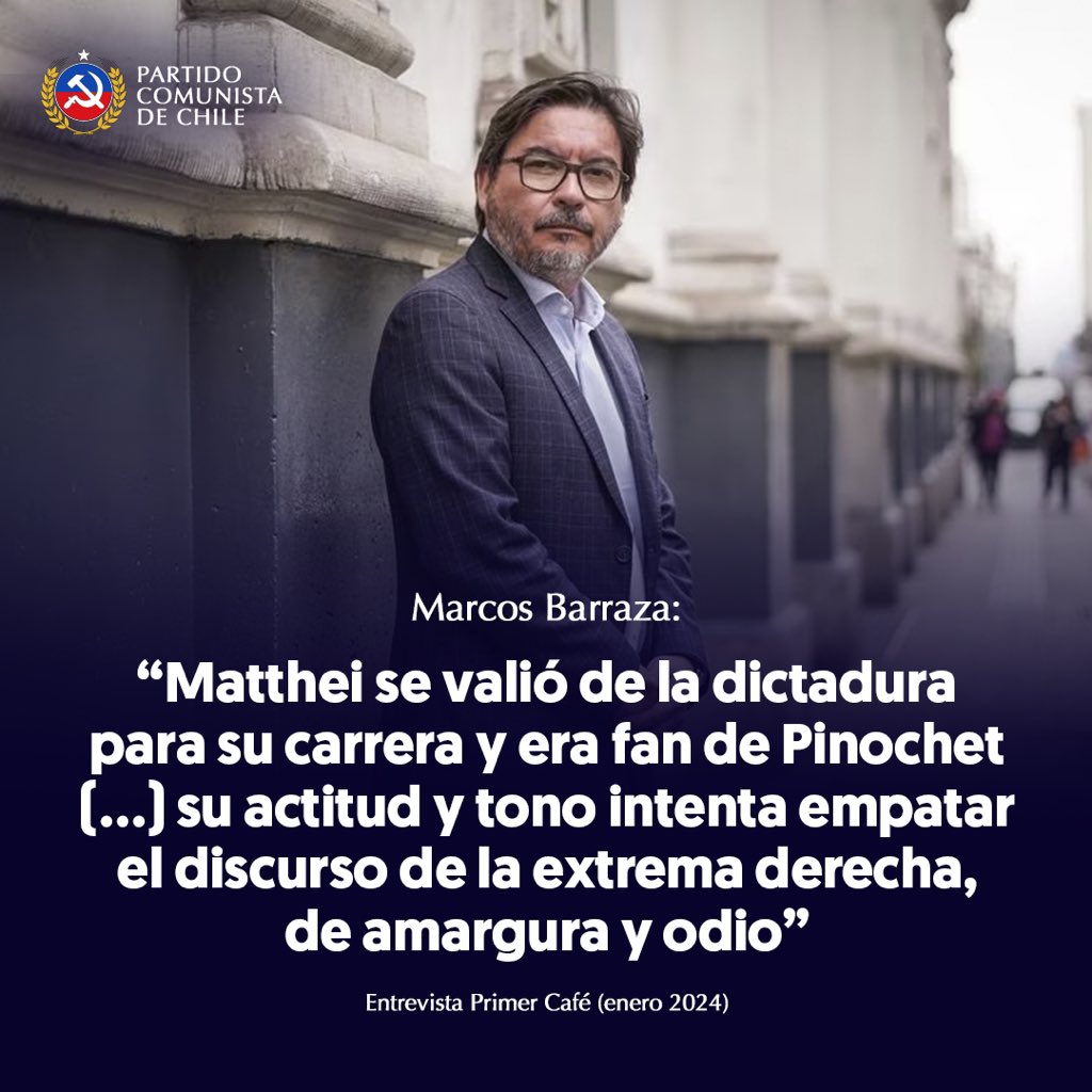 PCdeChile's tweet photo. ➡️ Marcos Barraza frente a dichos de Matthei, señala: “Matthei se valió de la dictadura para su carrera y era fan de Pinochet (…) su actitud y tono intenta empatar el discurso de la extrema derecha, de amargura y odio”. 
@MarcosBarrazaG https://t.co/OErk11oCXL