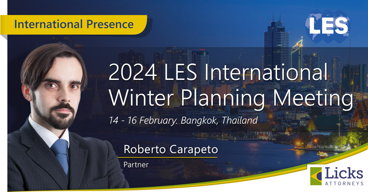 LicksAttorneys's tweet photo. Our partner Roberto Carapeto will attend the "2024 LES International Winter Planning Meeting - @LESIntl", which will take place in Bangkok, Thailand, from February 14 to 16. Find out more at: https://t.co/NNOiAmfMWs
#LicksAttorneys #IntellectualProperty #IP #LESI https://t.co/smP5GPZsWm