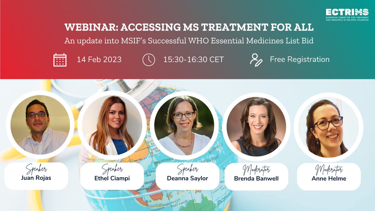 NEW! Sign up for this year's first ECTRIMS webinar, where international experts will discuss the successful bid by @MSIntFederation to include key #MS medications in the WHO Essential Medicines List 🗓️ 14 Feb: 15:30 CET ✅ Register here ➡️ bit.ly/3ShAnec #MStreatment