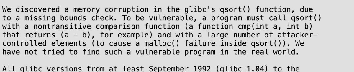 lukOlejnik's tweet photo. Security vulnerability in... qsort. Yes, the glibc's sort algorithm. It's all over the place on systems running the Internet. "All versions from at least September 1992 are affected". That makes it a more 32 years old bug. https://t.co/7SmpZz4cIs