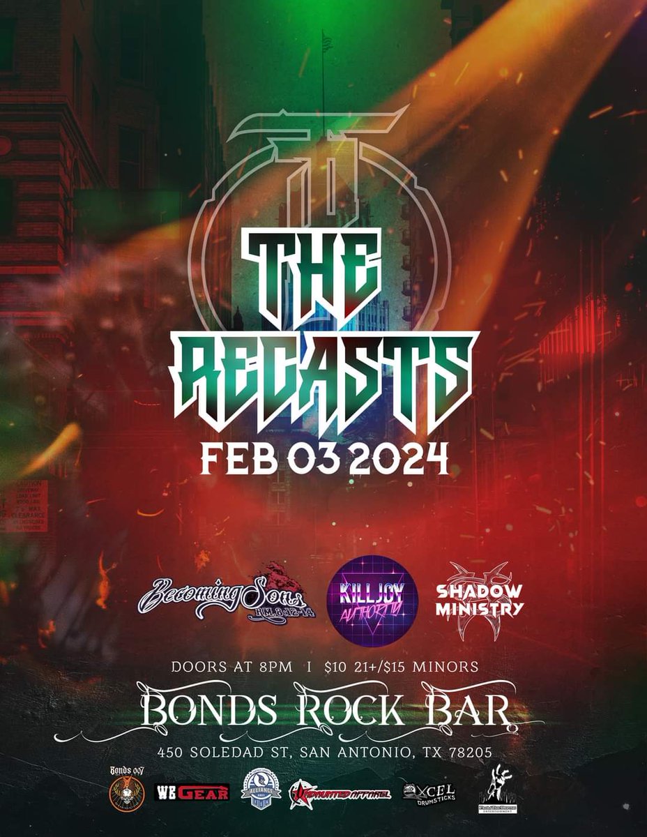 TheRecastsBand's tweet photo. ☆This Saturday in San Antonio, Tx!!☆
Thrilled to be back at @BondsLive with killer bands Killjoy Authority, Shadow Ministry and @becomingsons!
@fromthedepthsPA @xceldrumsticks @iplayFSA @UndauntedA @WBGear
#TheRecasts #BondsRockBar #SanAntonio #Texas #LiveMusic #HeavyMetal https://t.co/FXGFJqBCsq