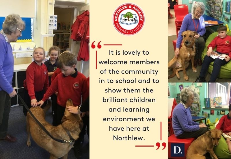 Northlew and Ashbury Primary School recently welcomed 2 new volunteers at their school. Mrs Campbell and her dog Huntley have been coming in to listen to the children read.