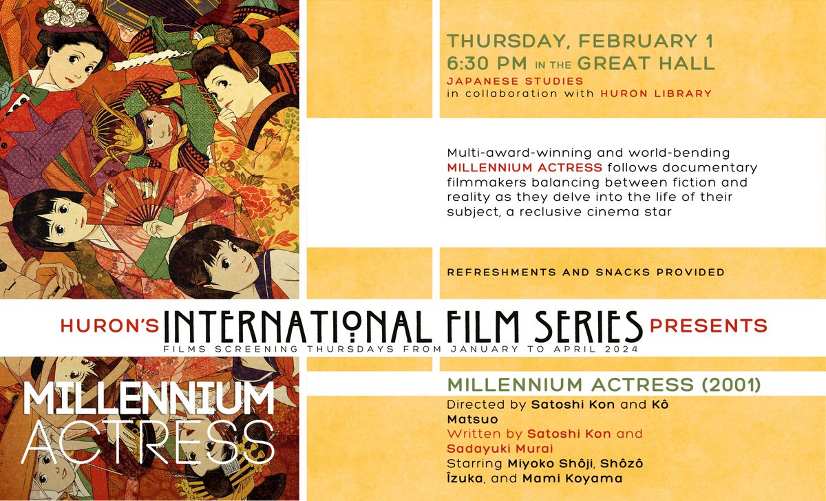 Join us for Japanese Movie Night on Thursday, February 1st at 6:30 pm in the Great Hall! We will be watching Millennium Actress (2001). All are welcome and refreshments will be provided📽️🍿