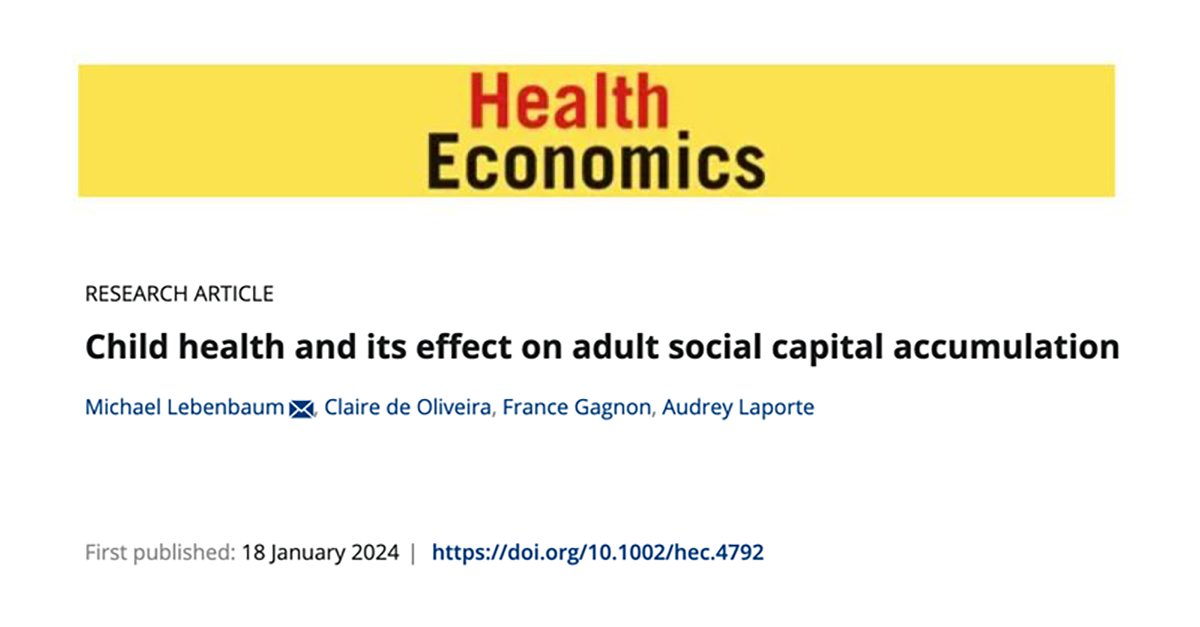 📖 #ReferenciasAES Lebenbaum, M., de Oliveira, C., Gagnon, F., & Laporte, A. (2024) 'Child health and its effect on adult social capital accumulation' #HealthEconomics @HECJournalTweet 🌐 onlinelibrary.wiley.com/doi/10.1002/he…