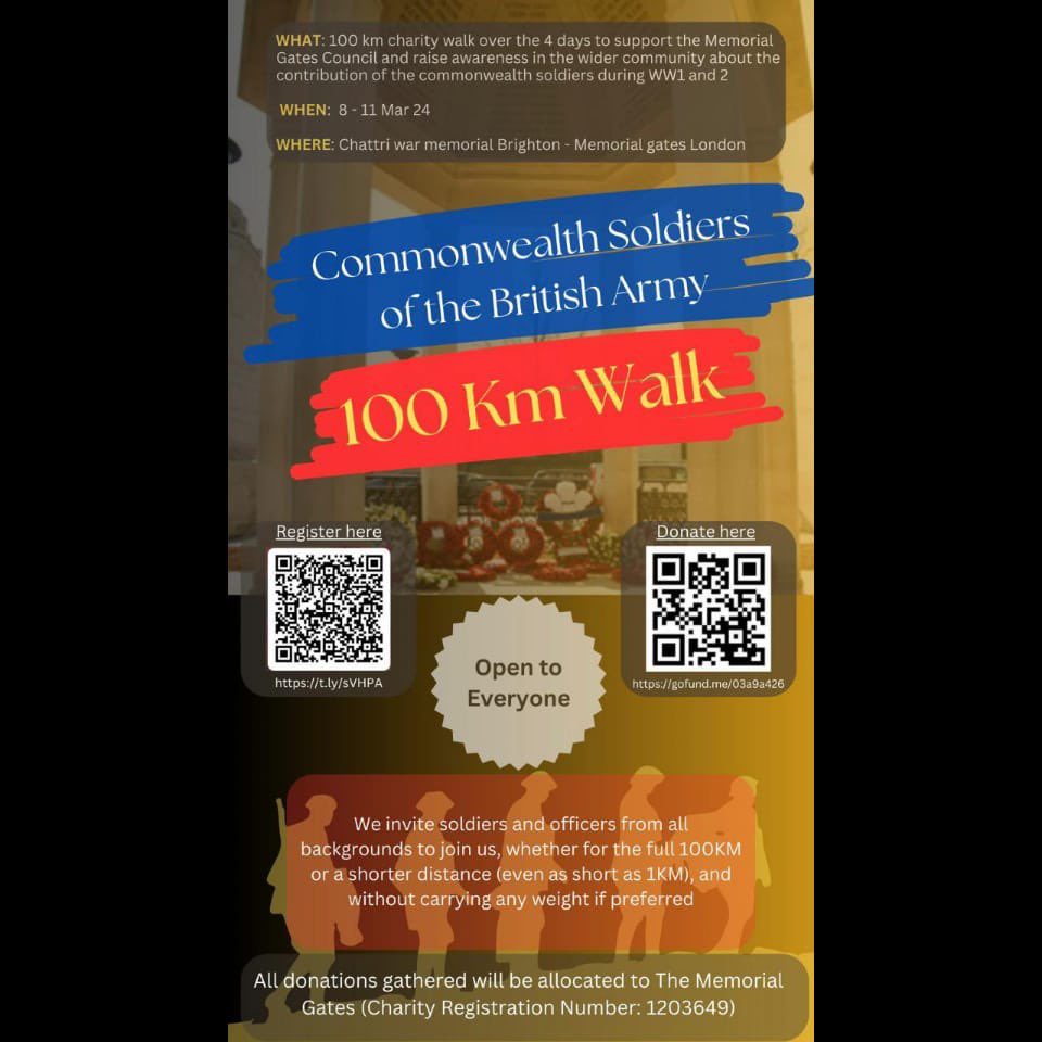This year on 8 March 24 #britisharmy soldiers will embark on a meaningful journey to #remember the unsung heroes of the Commonwealth by completing a 100km charity walk in uniform, carrying 15 kgs from the Chattri Memorial in Brighton to the Commonwealth Gates in #London.
