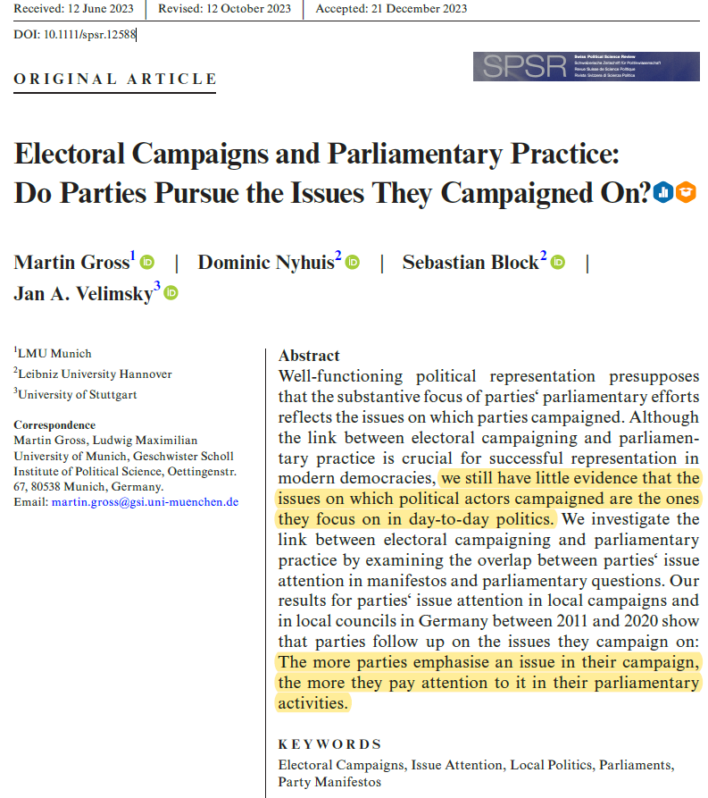 📢Thrilled to see our #OpenAccess paper 'Electoral Campaigns and Parliamentary Practice: Do Parties Pursue the Issues They Campaigned On?' published in @SPSR_RSSP! This is joint work with @dominic_nyhuis @SebastianJBlock @JanVelimsky doi.org/10.1111/spsr.1…