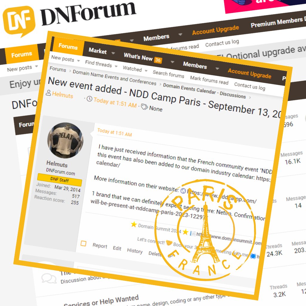 DNForum's tweet image. Mark your calendars! 📅 NDD Camp Paris is happening on September 13, 2024. This is a key event for the French domain community and a great networking opportunity. Details and updates can be found here: dnforum.com/threads/new-ev…

#NDDCampParis #DomainIndustry #DomainNews #Netim