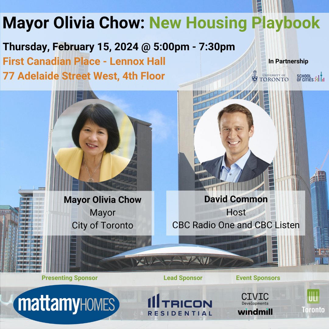 Join ULI Toronto and the University of Toronto School of Cities on Feb.15th for an intimate conversation with David Common and Her Worship Olivia Chow on the emergence of a new municipally led housing agenda. Thank you to our sponsors for their support. on.uli.org/EOQK50Qw1hQ