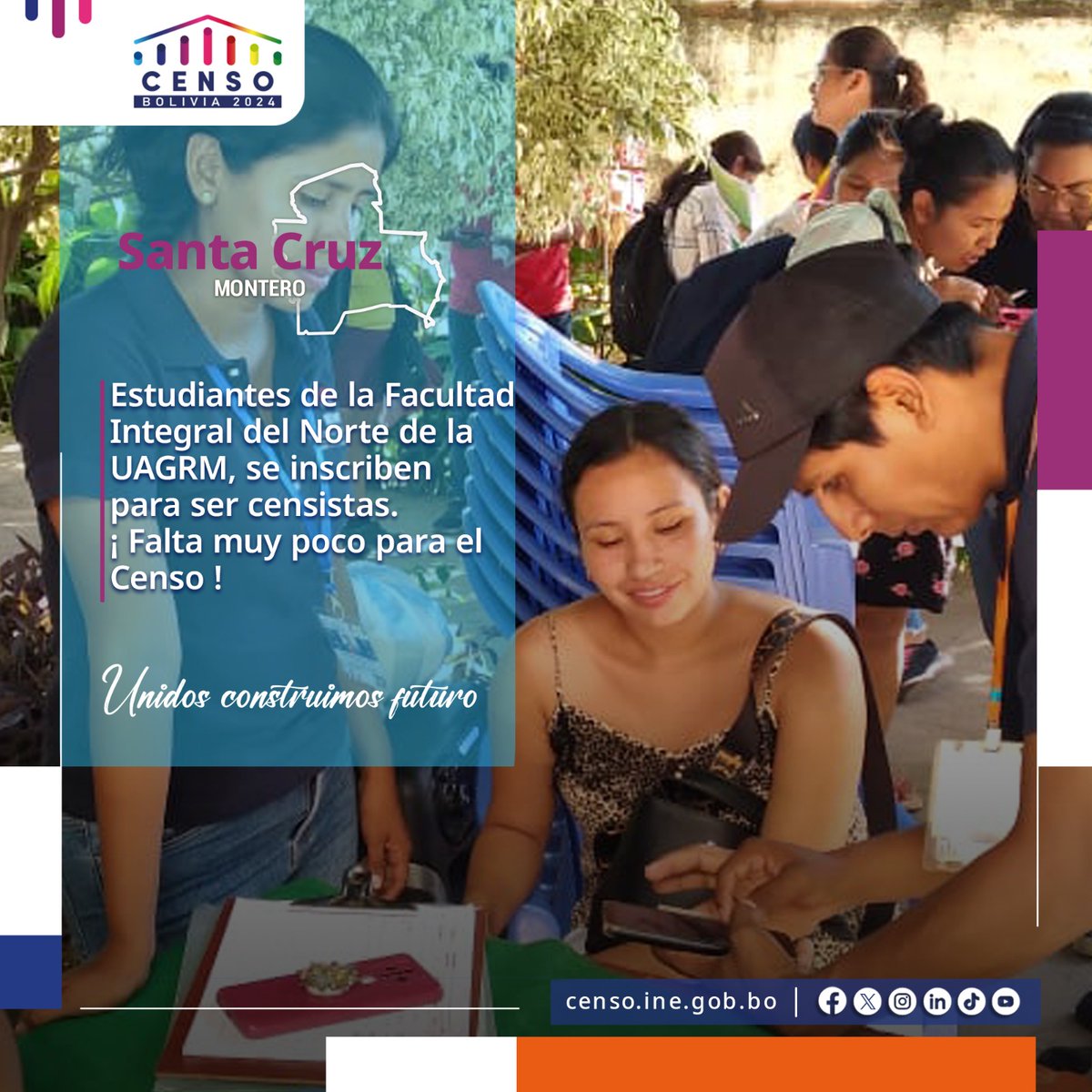 INE_Bolivia's tweet photo. #SantaCruz | Jóvenes #universitarios de la Facultad Integral del Norte (#FINOR) perteneciente a la Universidad Autónoma Gabriel René Moreno (#UAGRM) se registran para participar como #CensistasVoluntarios. ¡Juntos podemos avanzar!
#UnidosConstruimosFuturo
#UnidosHacemosHistoria https://t.co/kDBxTtYuNV