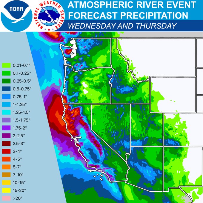 Map of the western US' forecast precip accumulation (Tue-Thu).