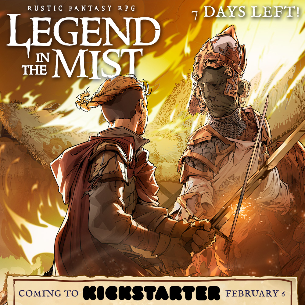 7 DAYS until Legend in the Mist launches on #Kickstarter! On February 6th, spin a tale of journey and peril in our rustic fantasy RPG: kickstarter.com/projects/sonof… #ttrpg #rpg #fantasy