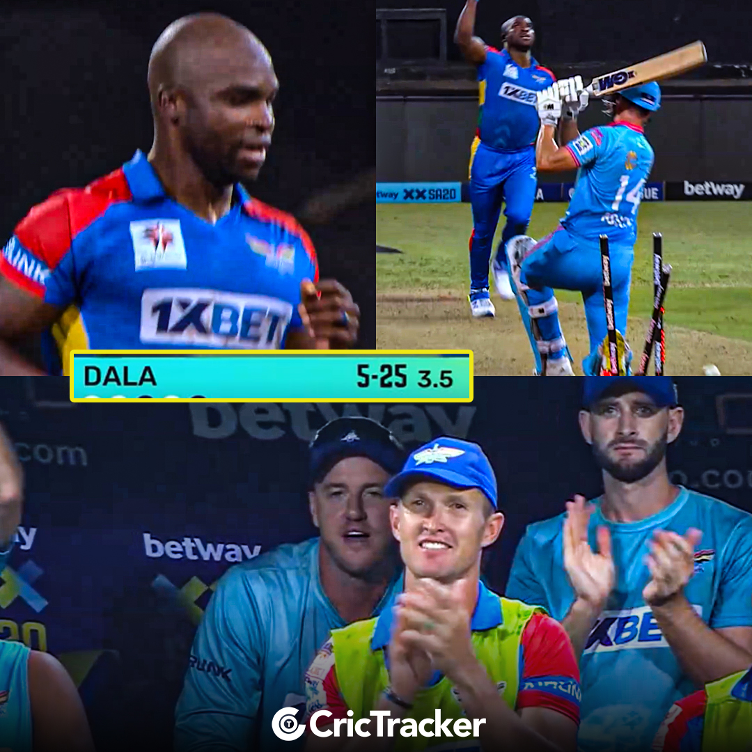 Cricketracker's tweet photo. Junior Dala picks up his maiden five-wicket haul in his comeback game in #SA20 against Pretoria Capitals👏

📸: Jio Cinema https://t.co/OS1odfLqmR