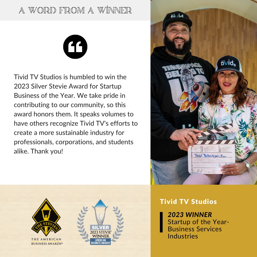 TheStevieAwards's tweet photo. 🏆@TividTV won a Silver #StevieAward in The 2023 #AmericanBusinessAwards for Startup of the Year. Tivid TV is a 360° evolving ecosystem for the film and arts community where people can assimilate, produce &amp; distribute.

➡️ Enter The 2024 ABAs: https://t.co/J33dttcLOn https://t.co/0O62lXmHb3