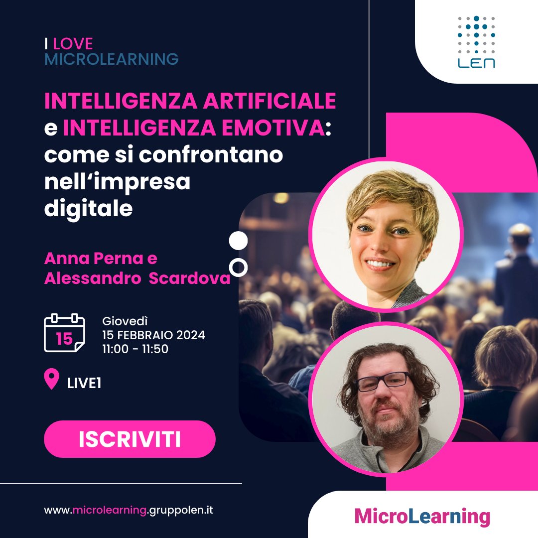 Con Anna confronteremo due concetti fondamentali: l’intelligenza artificiale e l’intelligenza emotiva, analizzando le potenzialità e le sfide di entrambi i campi, sottolineando come queste possano integrarsi per creare sistemi più efficaci ed empatici: microlearning.gruppolen.it