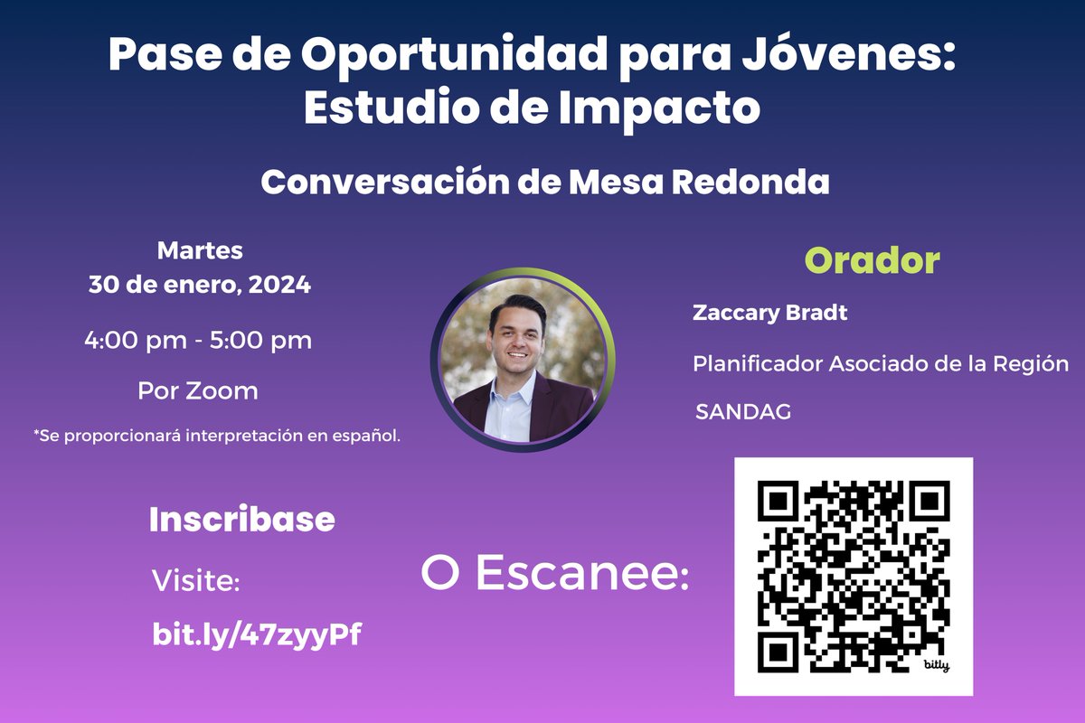 Happening TODAY! YOP Impact Study: Roundtable Talk featuring <a href="/SANDAG/">SANDAG</a> Associate Regional Planner Zaccary Bradt. After the presentation there will be a brief Q&amp;A to follow. Tuesday, January 30 at 4:00 pm to 5:00 pm. To register, visit: bit.ly/47zyyPf