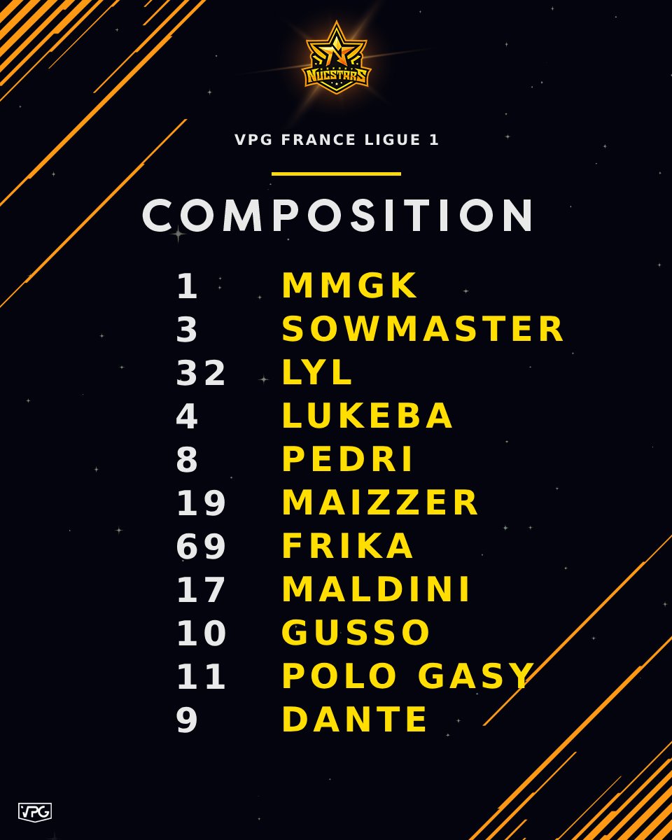 ⚡️COMPOSITION⚡️

Premier match à 21h20⌚️

⚫️🟡#NucStars  ⚪️🔵#FrenchTouch
