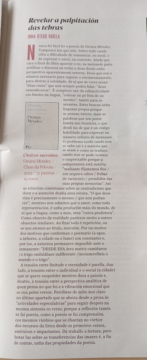 Primeira recensión do ano, as "Chairas sucesións" de <a href="/Oriana_Mendez_/">Oriana Méndez</a> , no Sermos do sábado pasado <a href="/NosDiario/">Nós Diario</a> #poesiagalega #chandapolvora