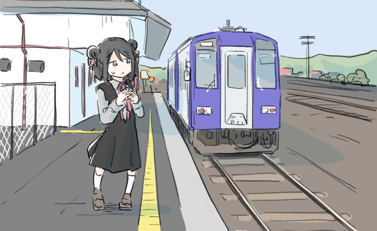 1girl double bun hair bun train station dress outdoors black hair  illustration images