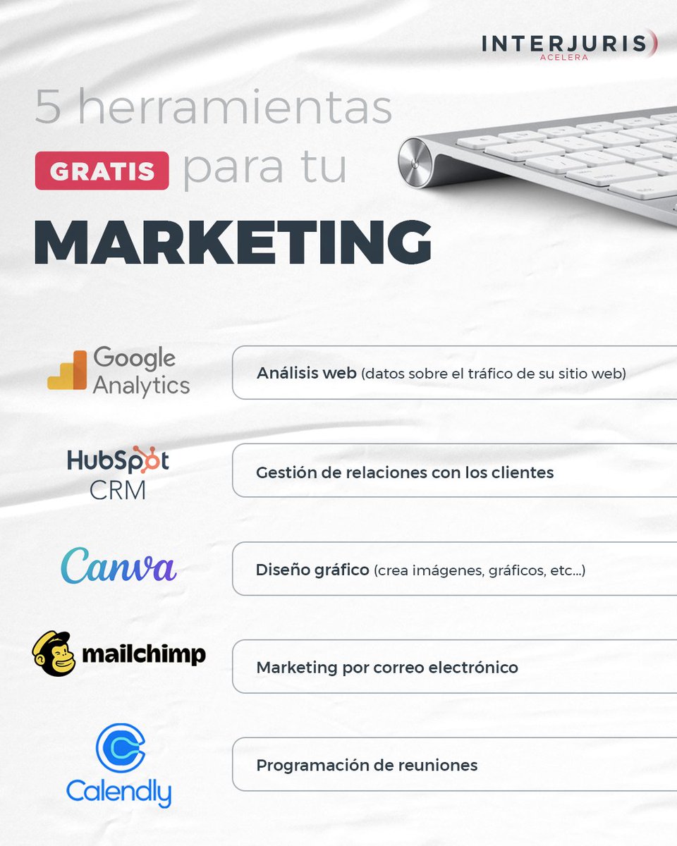 Estas son solo algunas de las muchas herramientas gratuitas de marketing disponibles📊📲💻

¿Qué herramientas utilizas en tu equipo de marketing? 

#interjurisacelera #aceleradora #marketingdigital #tendenciasmarketing