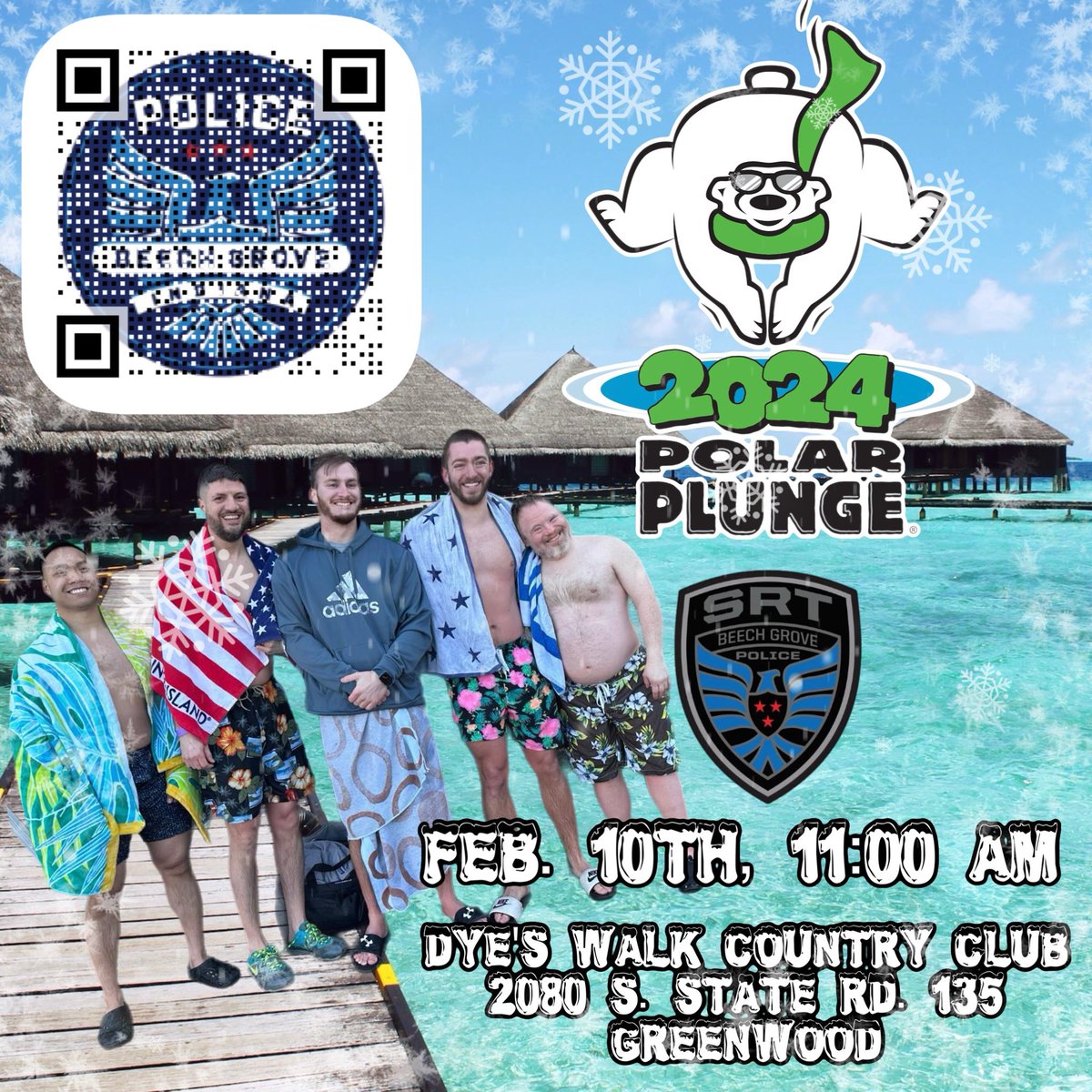 Several BGPD Officers and SRT members are jumping in the Polar Plunge 🧊 🏊‍♂️ 2024 for Special Olympics Indiana! We’ve already cracked $1,000 in fundraising and are hoping to raise more! If interested, consider donating via the QR code. #polarplunge #specialolympics