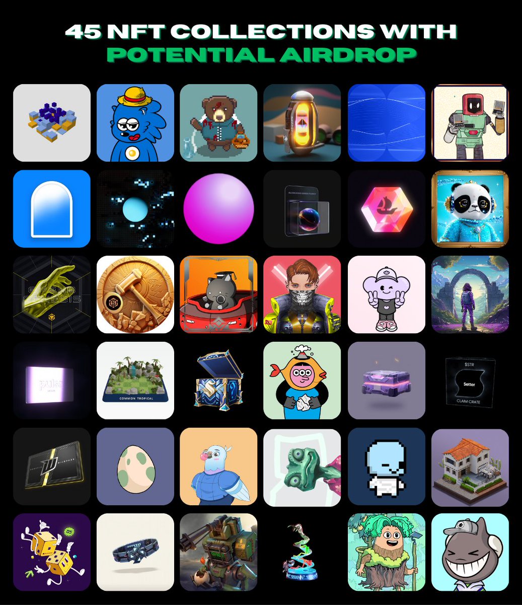 45 NFT COLLECTIONS WITH POTENTIAL AIRDROPS

Bookmark this for later 🔖

AltLayer has airdropped $40k+ to NFT holders. Who's next?

I've spent countless days researching and compiling an extensive list of NFT collections that might be eligible for future airdrops.

Get ready,