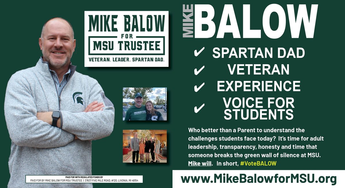 MikeBalowForMSU's tweet photo. FOR IMMEDIATE RELEASE:   
BALOW ANNOUNCES 2nd CAMPAIGN FOR MSU TRUSTEE  

Less than 8k votes short in 2022:  “It's time to finish the job.”

https://t.co/sfoZHuBSFC https://t.co/Xv5muWrp2N