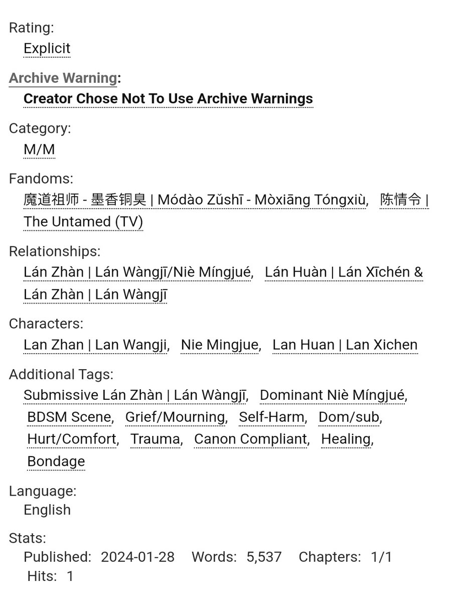 Finally, my fic for the <a href="/subjiminibang/">Subji Mini Bang</a> !
It's a collaboration with Anaxandria (on Tumblr), who embroidered a scene of the fic 💕

💧 a rarepair: LWJ/NMJ
💧 dealing with grief by being dommed
💧 LXC is a genius
💧 naked LWJ, clothed NMJ
💧 pain
💧 so much pain

links in thread ⬇️