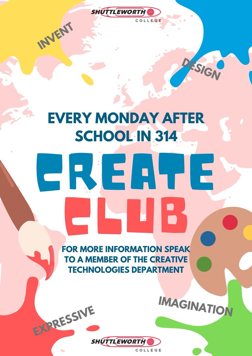 Fancy developing your artistic skills after school? Create Club is for you! Every Monday in 314 and all year groups welcome!
