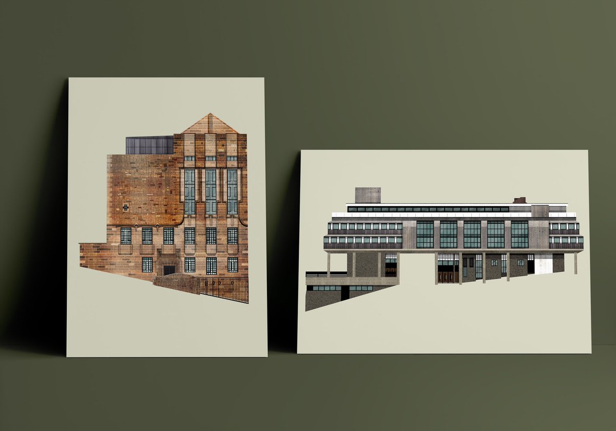 Thanks for all the love for the Glasgow School of Art illustration I completed on behalf of @Keppie_Design I’ve had loads of enquiries about prints and they will be available to buy later in 2024. Here it is along with its brutalist neighbour the Bourdon Building
