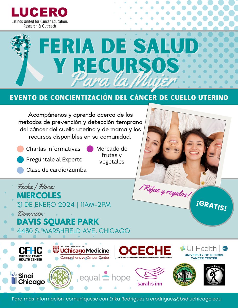 LUCERO (Latinos United for Cancer Education, Research &amp; Outreach) will be hosting a Women's Health &amp; Resource Fair: Cervical Cancer Awareness Event at Davis Square Park on Wednesday, January 30th (11am-2pm).
.
.
.
.
#BYNC #BOTY #Chicago #SouthSide #CreatingABetterPlace