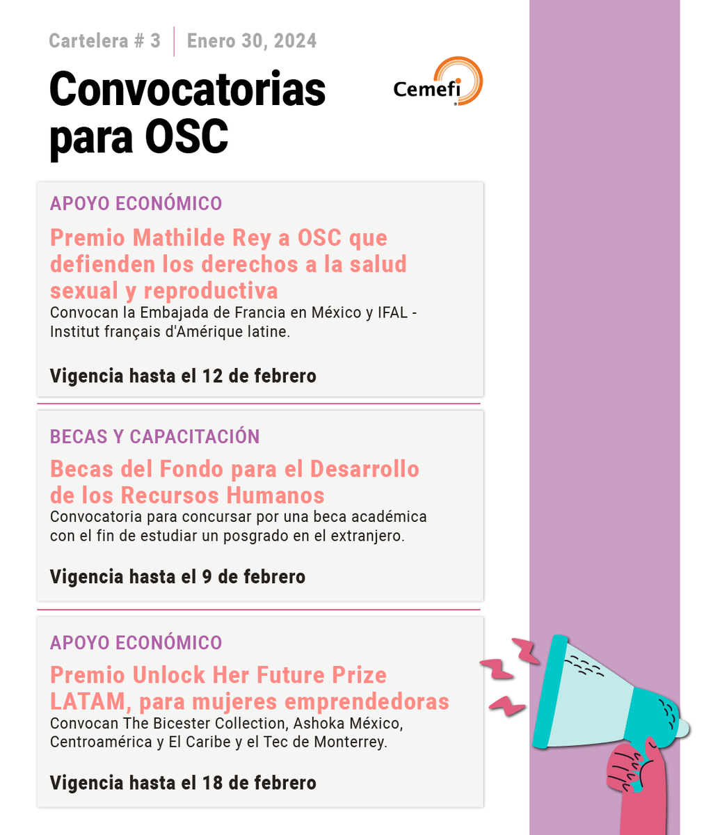 Cemefi's tweet photo. 📢 #AtenciónOSC 
En la página del #Cemefi tenemos una sección de #convocatorias dirigida a organizaciones de la sociedad civil #OSC, colectivos y ciudadanía que buscan apoyo para diferentes #ProyectosSociales. 
👉 Conoce la cartelera #3 👉 https://t.co/hKrT5k3sbp https://t.co/gD12LZ8zPm